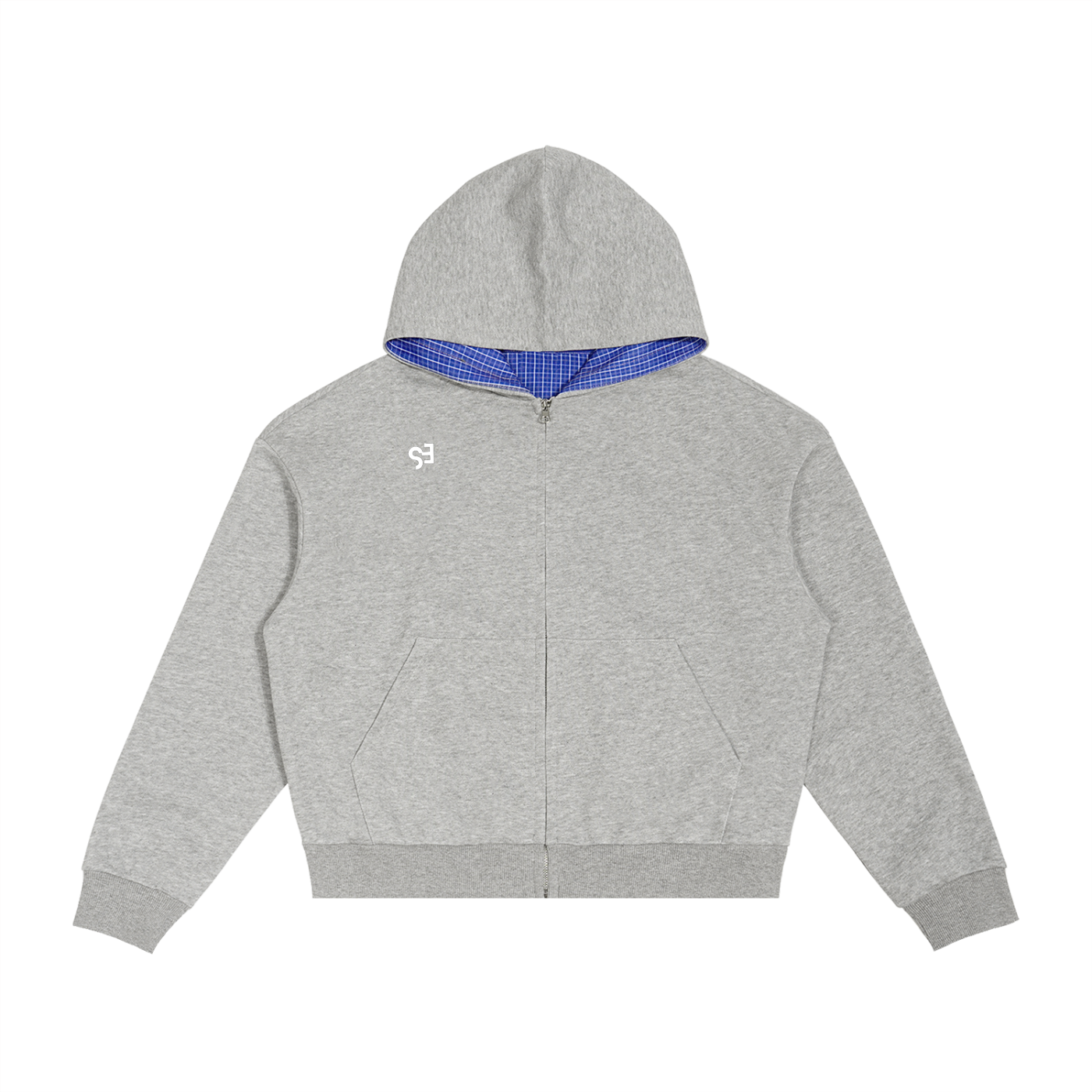 Unisex Contrast Plaid Boxy Zip Hoodie